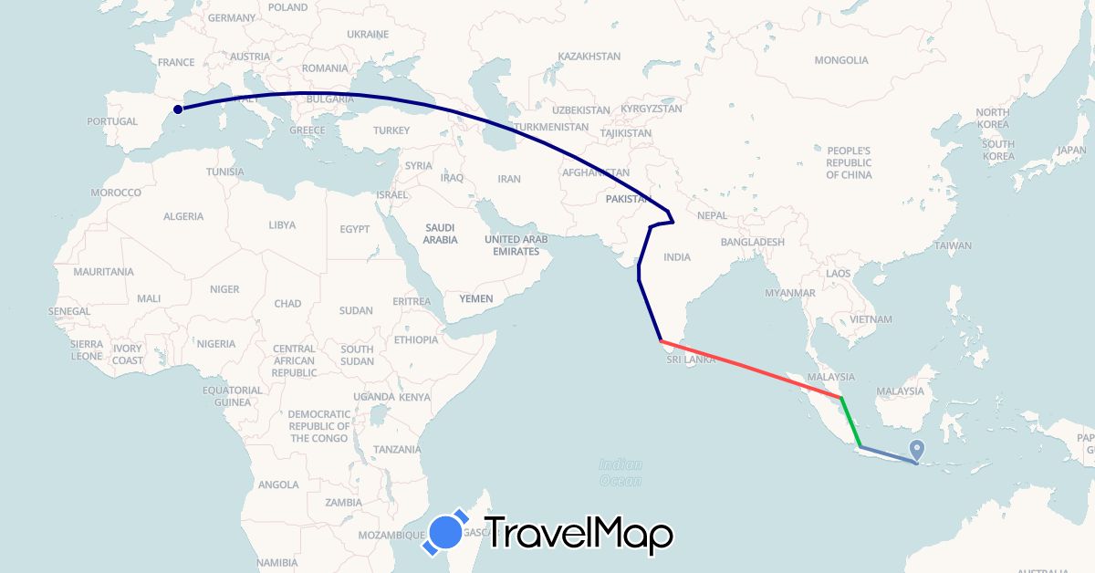 TravelMap itinerary: driving, bus, cycling, hiking in Spain, Indonesia, India, Singapore (Asia, Europe)